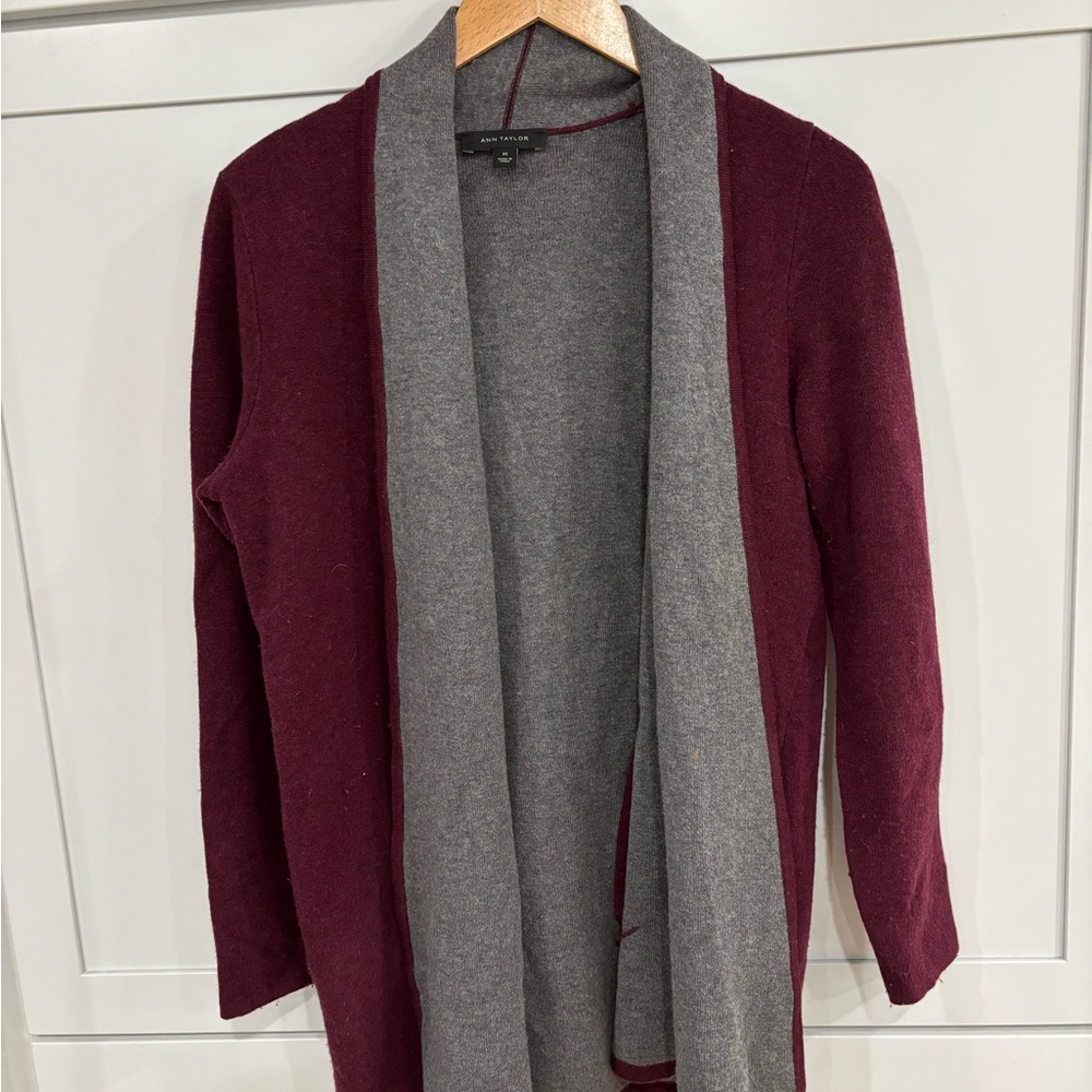 Ann Taylor Gray and Burgundy Cardigan